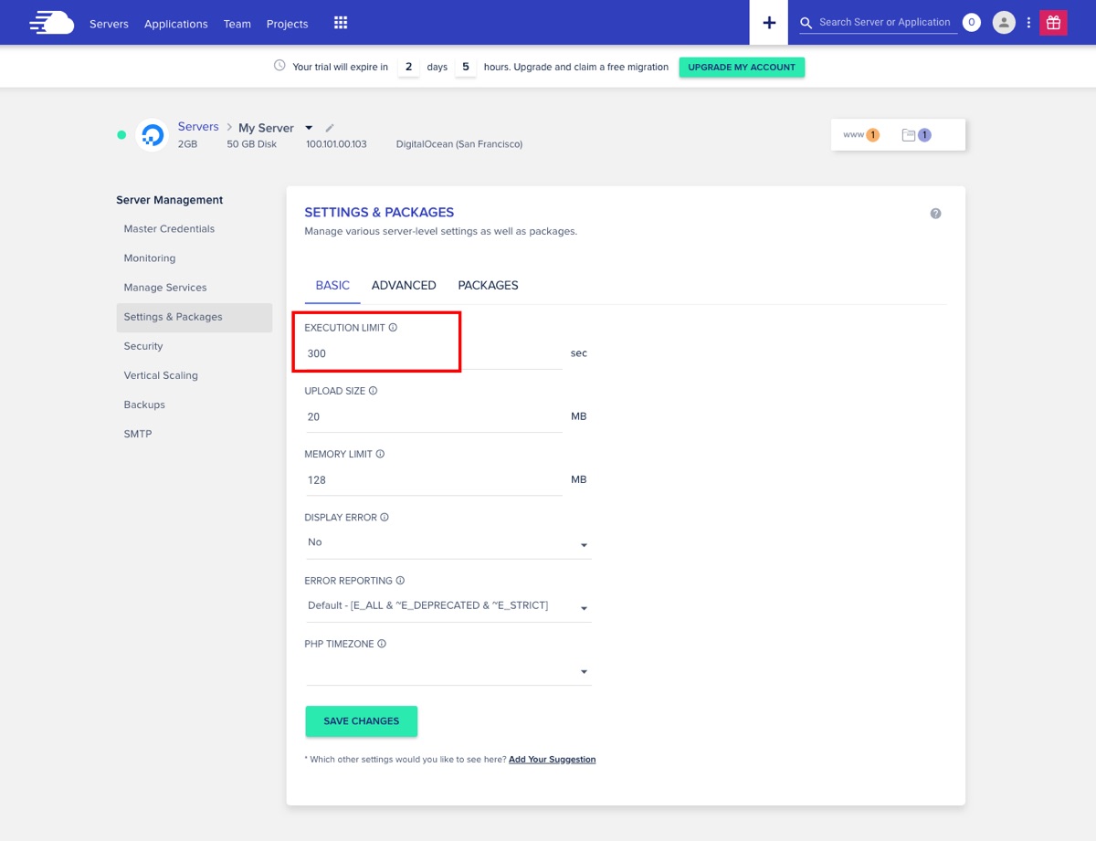 Cloudways aumenta o limite máximo de execução