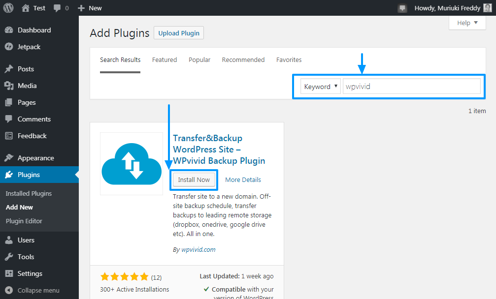 instalando o plugin de backup wpvivid no painel de administração do WordPress