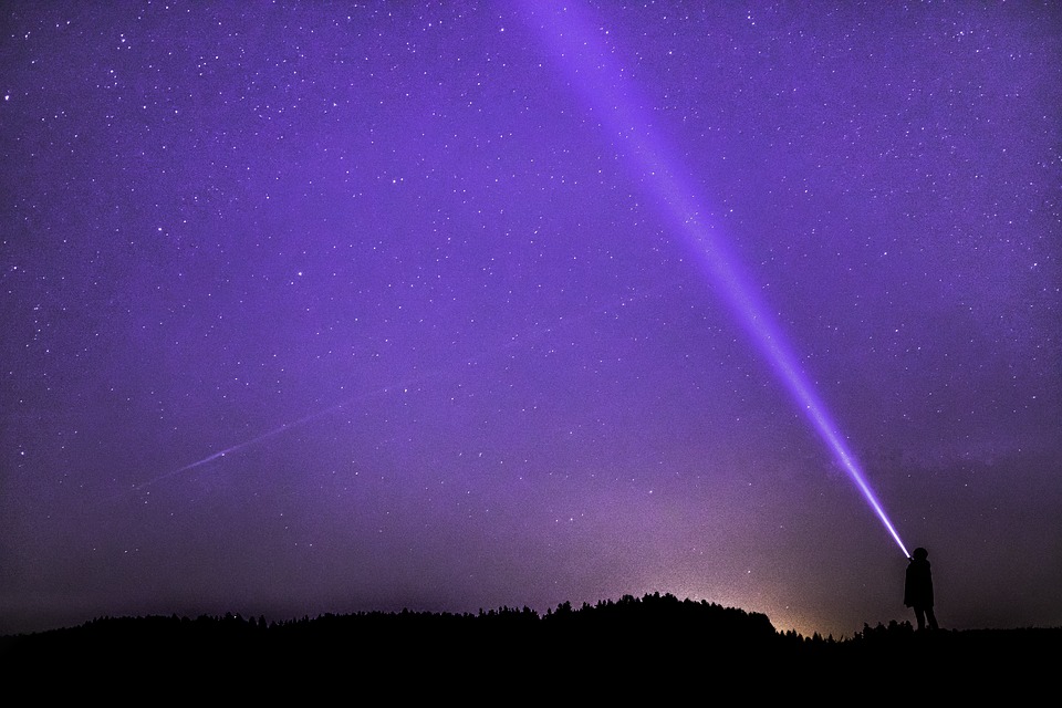 Night Photograph, Flashlight, Ray, Starry Sky