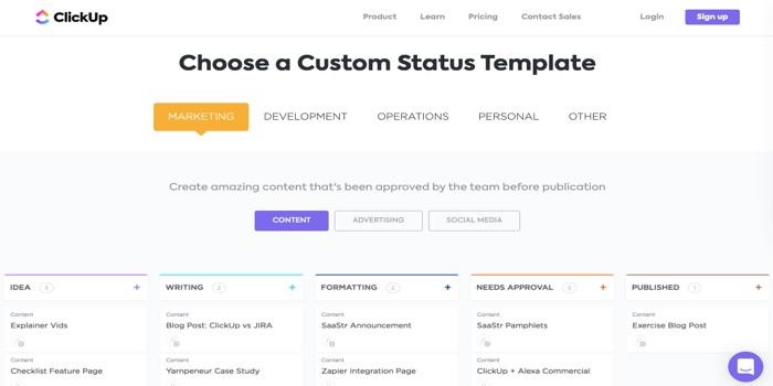 Clickup choose a custom status template - marketing, development, operations, personal, other
