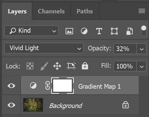 Layers panel showing original image, Gradient Map layer, Vivid Light Blending Mode, and 32% opacity