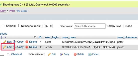 Editar dados do usuário via phpMyadmin