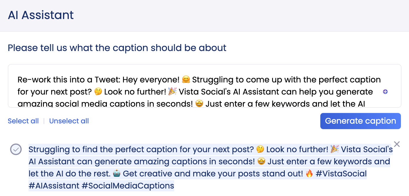 Vista Social AI assistant reworking instagram post into a tweet