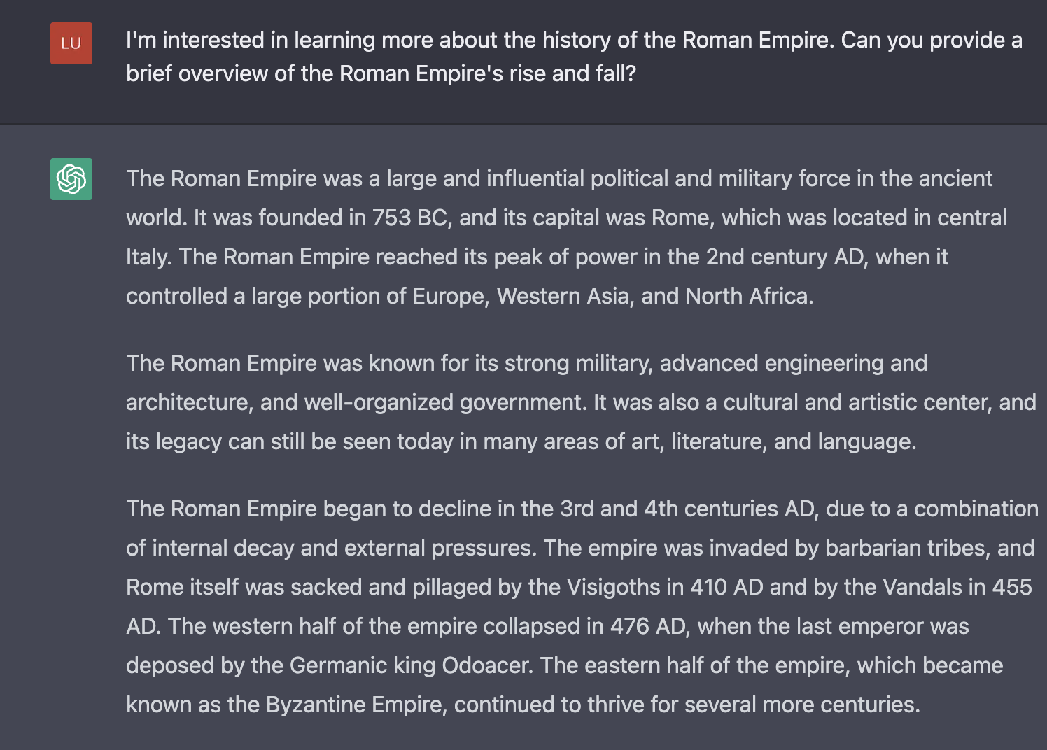 ChatGPT on the Roman Empire's rise and fall