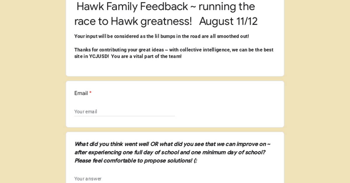 Hawk Family Feedback ~ running the race to Hawk greatness! August 11/12