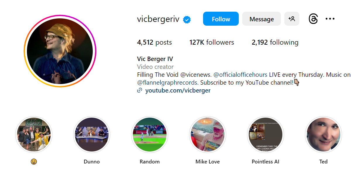Vic Berger's Instagram profile does a great job of attracting Instagram followers while also promoting the creator's YouTube channel