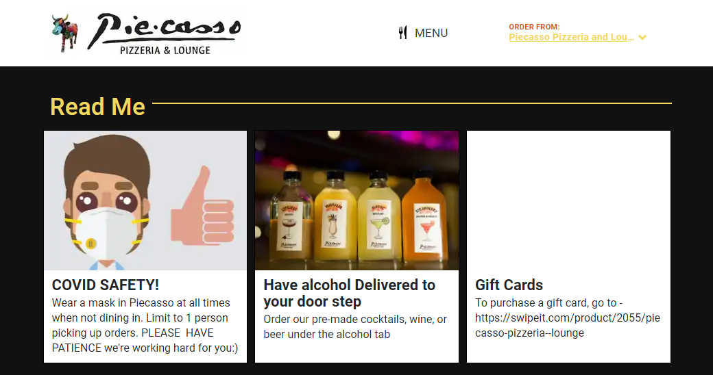 Feature cards with COVID updates, alcohol delivery instructions, and gift card info