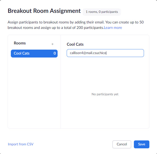 Screenshot of Create Breakout room assignment window with a student email entered as a sample