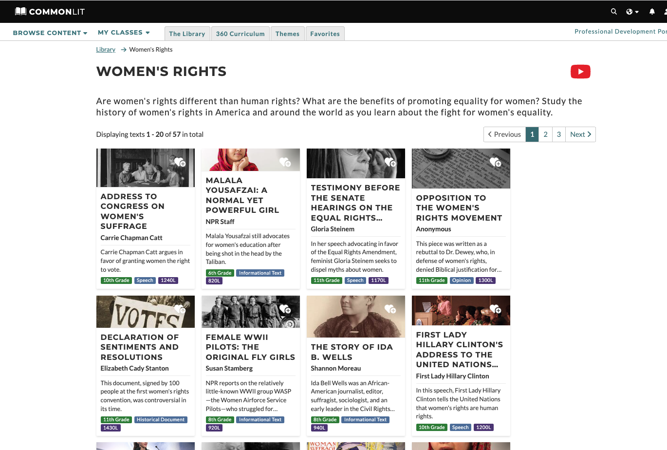 Screenshot of Women's Right's Text Set available on CommonLit.org.