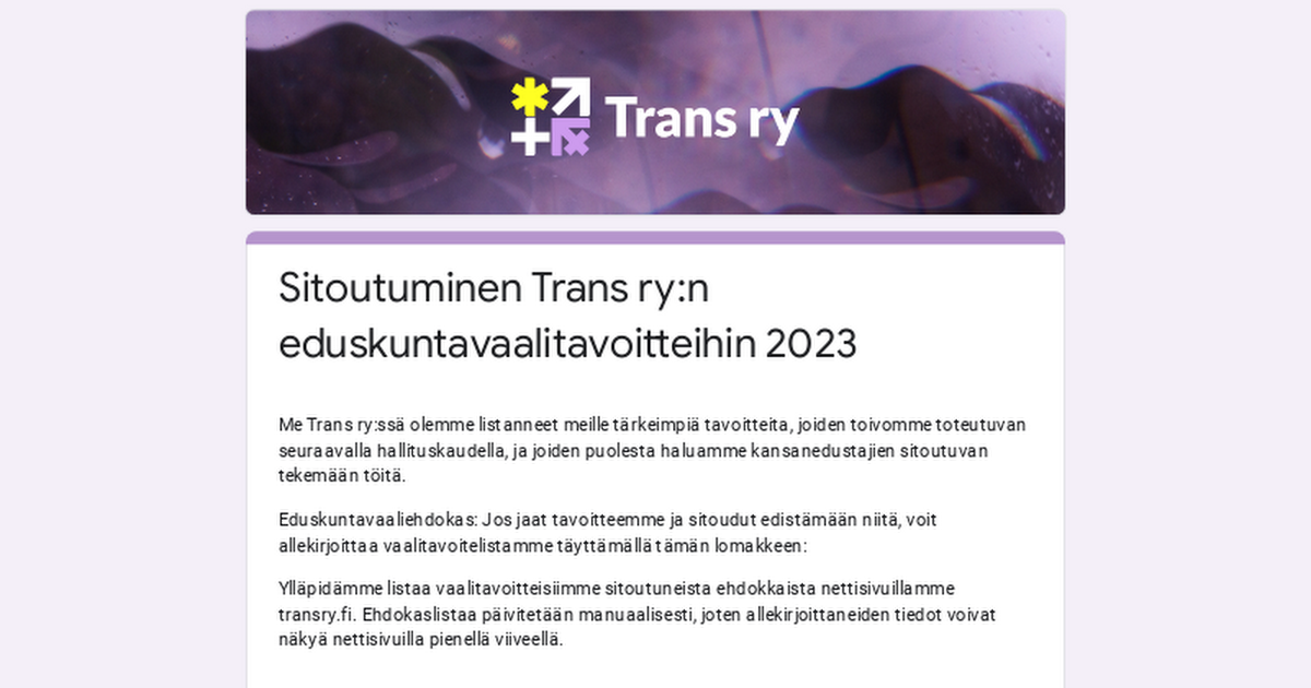 Trans ry:n eduskuntavaalitavoitteet 2023