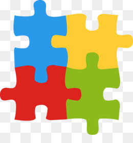 Símbolos do autismo: o símbolo do quebra-cabeça tem o formato de um quadrado e quatro peças (duas em cima e duas embaixo)encaixadas uma na outra. Suas cores são: azul, amarelo, vermelho e verde