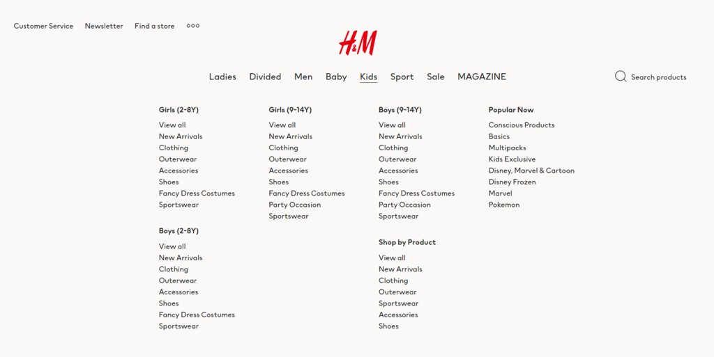 Exibição do menu suspenso no site da loja H&M