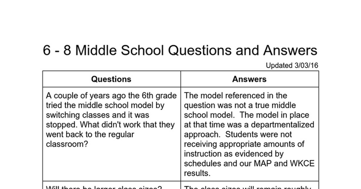 6 - 8 Middle School Questions and Answers