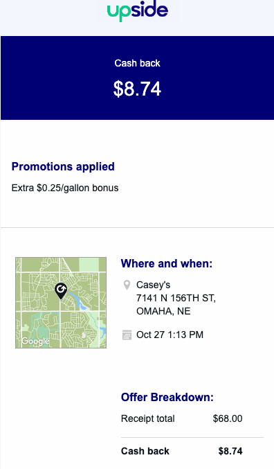 Upside gas app cash back screen