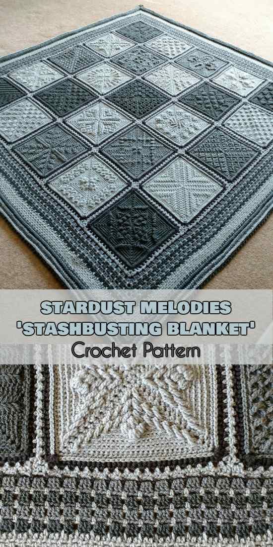 crochet blanket made with squares in shades of grey