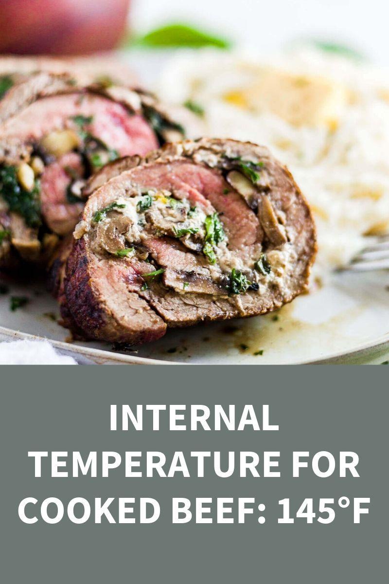stuffed flank steak with text overlay with beef internal temp at 145°F