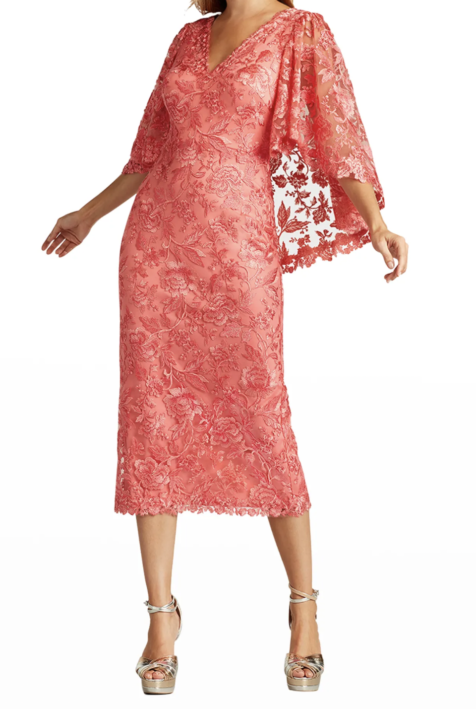 TADASHI SHOJI Floral Lace Sheath Cape Dress