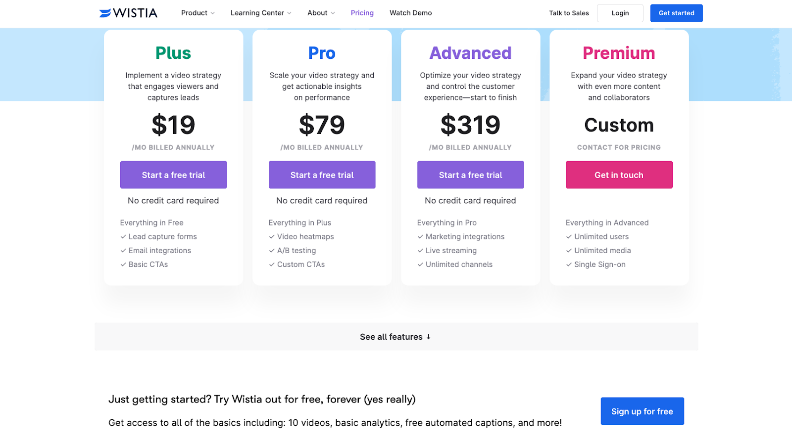 Wistia's Pricing Plan Page