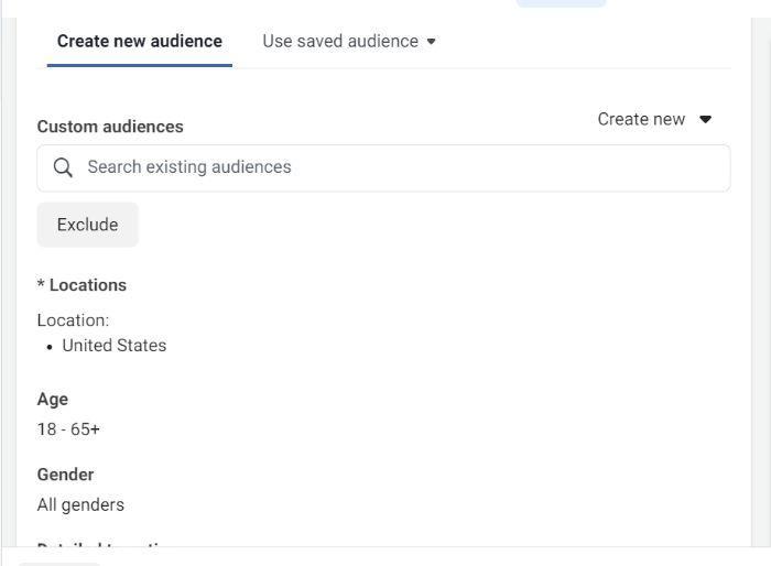 Creating a new custom audience on Facebook.
