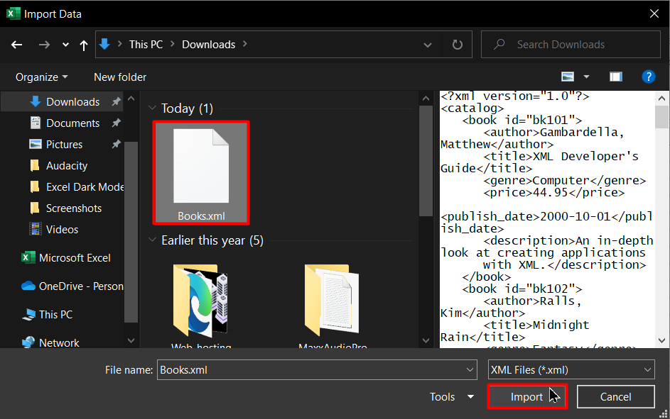 Locate and Import the relevant XML file