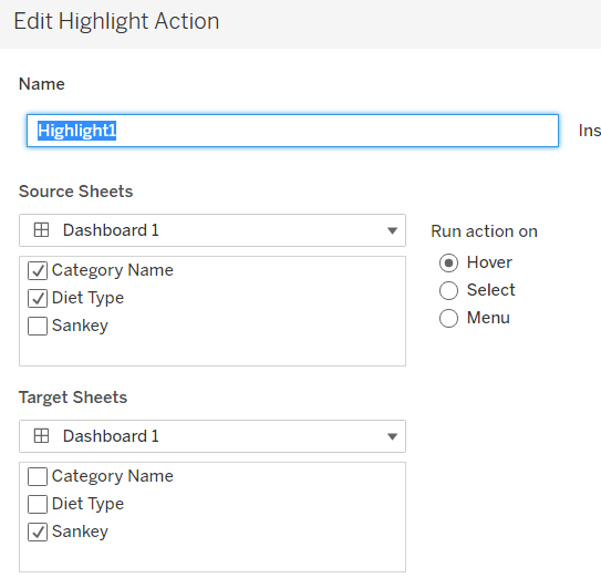 Impostazione del filtro Highligth per il Sankey Chart