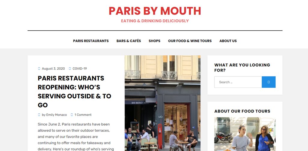Page d'accueil de Paris by Mouth présentant un article sur les restaurants qui ouvrent à Paris avec la réglementation Covid-19