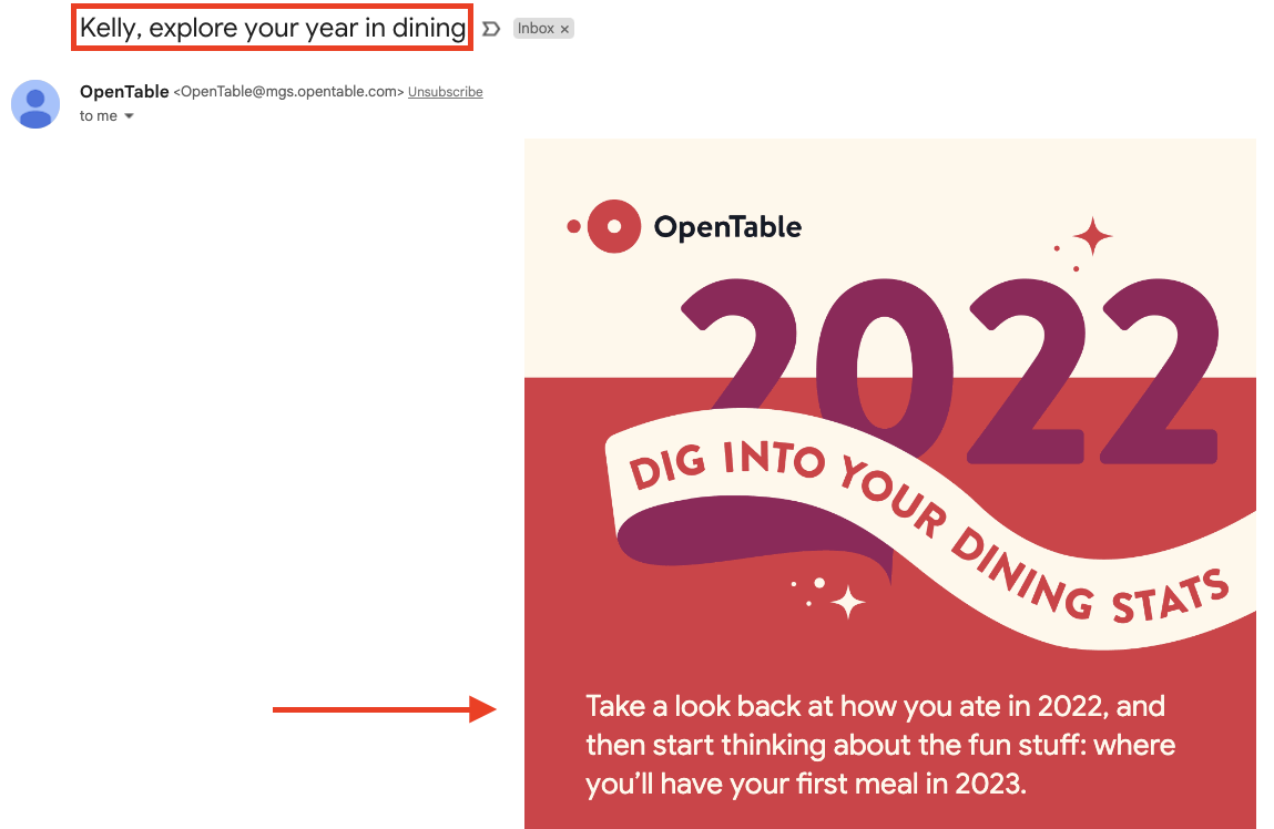 Example of a personalized email from OpenTable.
