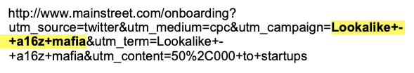 Example Mainstreet ad clickthrough URL, with UTM query string parameters showing the intended audience is based on a lookalike audience.