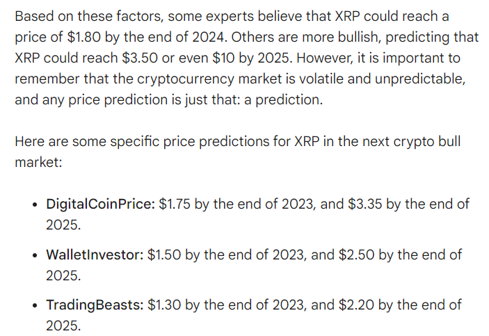 Google Bard predicts XRP price in the next crypto bull market