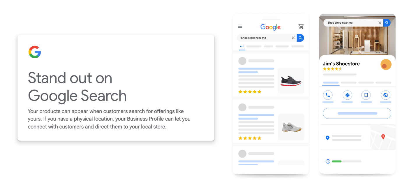 Graphic showing how Google Merchant appears on Google search. 