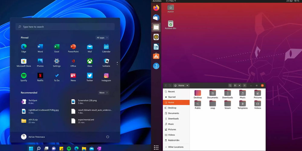 Windows 11 and Ubuntu interfaces