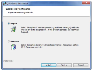 Quickbooks installation : Quickbooks maintenance >> Repair or remove quickbooks >> Select repair & hit next button