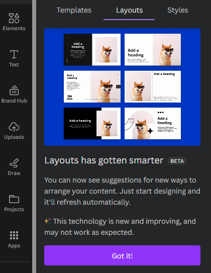 layouts in Canva presentations 