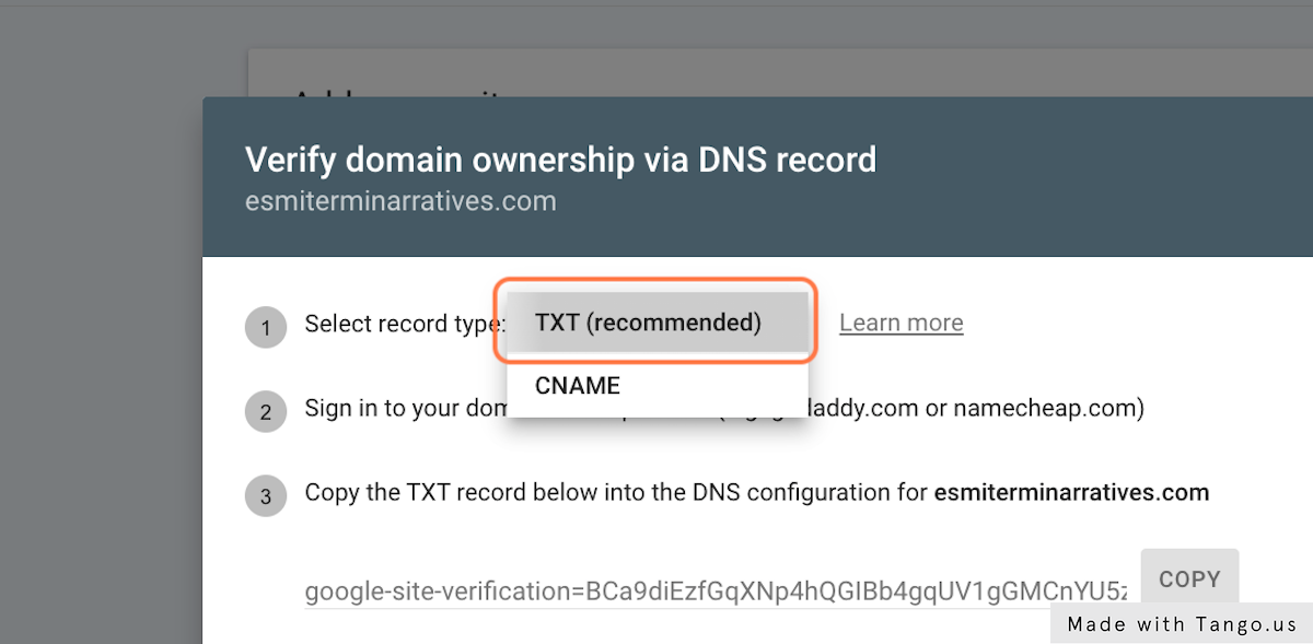 How to add website to Google Search Console step 11 Click your preferred verification method (TXT or CNAME) 