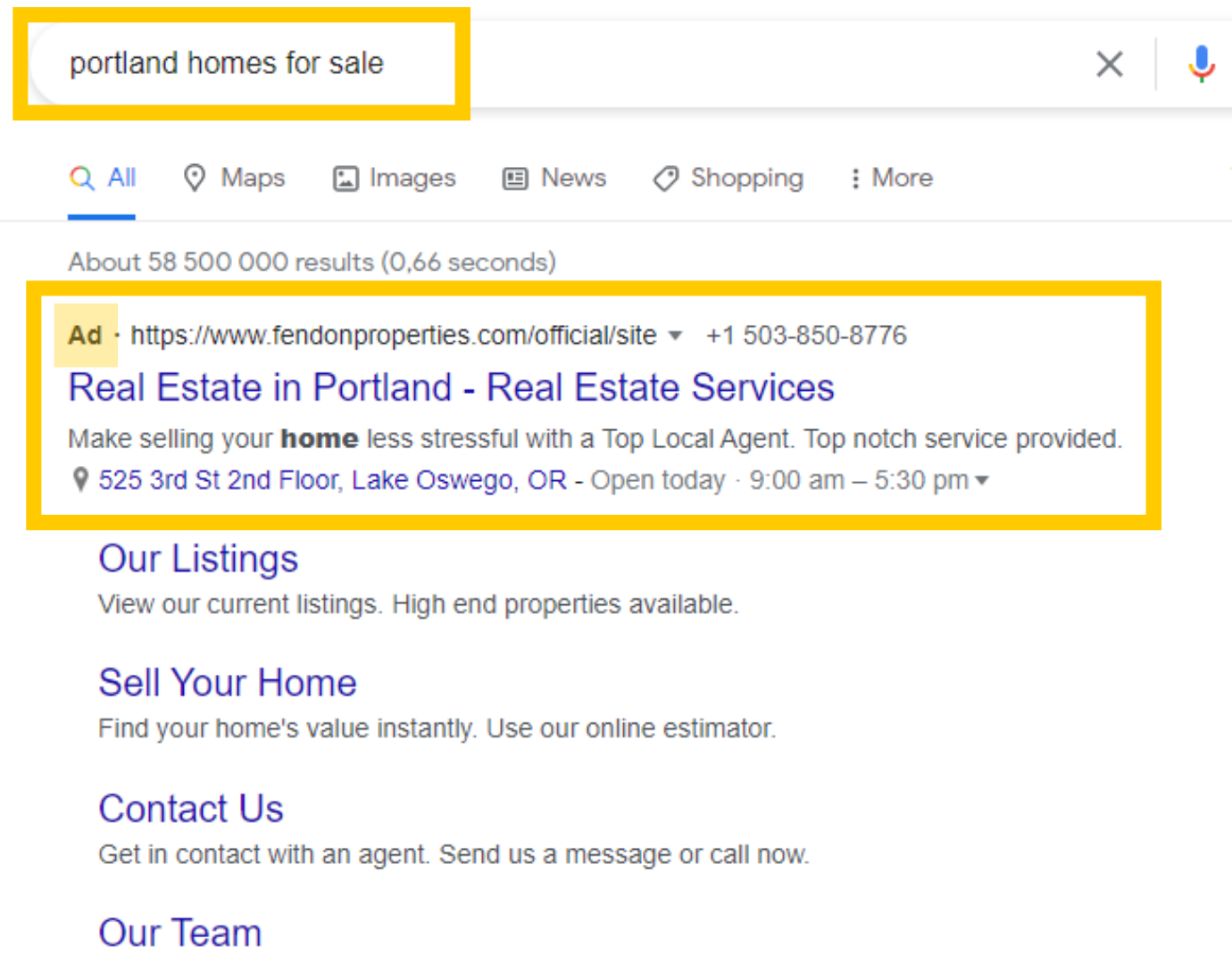 Screenshot of Google Search results for the keyword "Portland Homes For Sale"