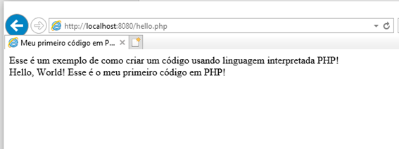 Resultado do Hello World em PHP!