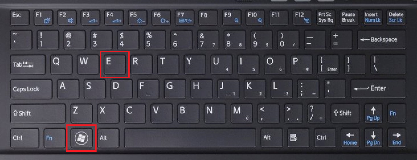 Keyboard showing shortcut 'Windows Button' +'E'