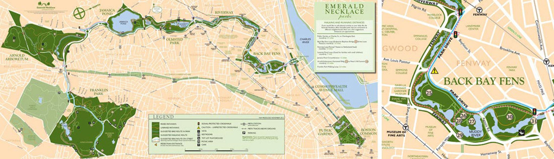 A map of Boston featuring a stretch of green spaces across the city, dubbed the Emerald Necklace