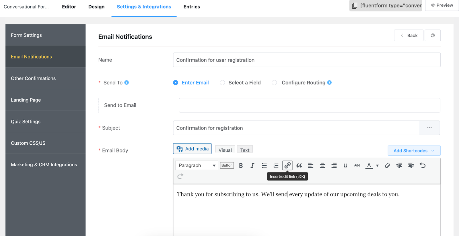 Emal notification settings, fluent forms