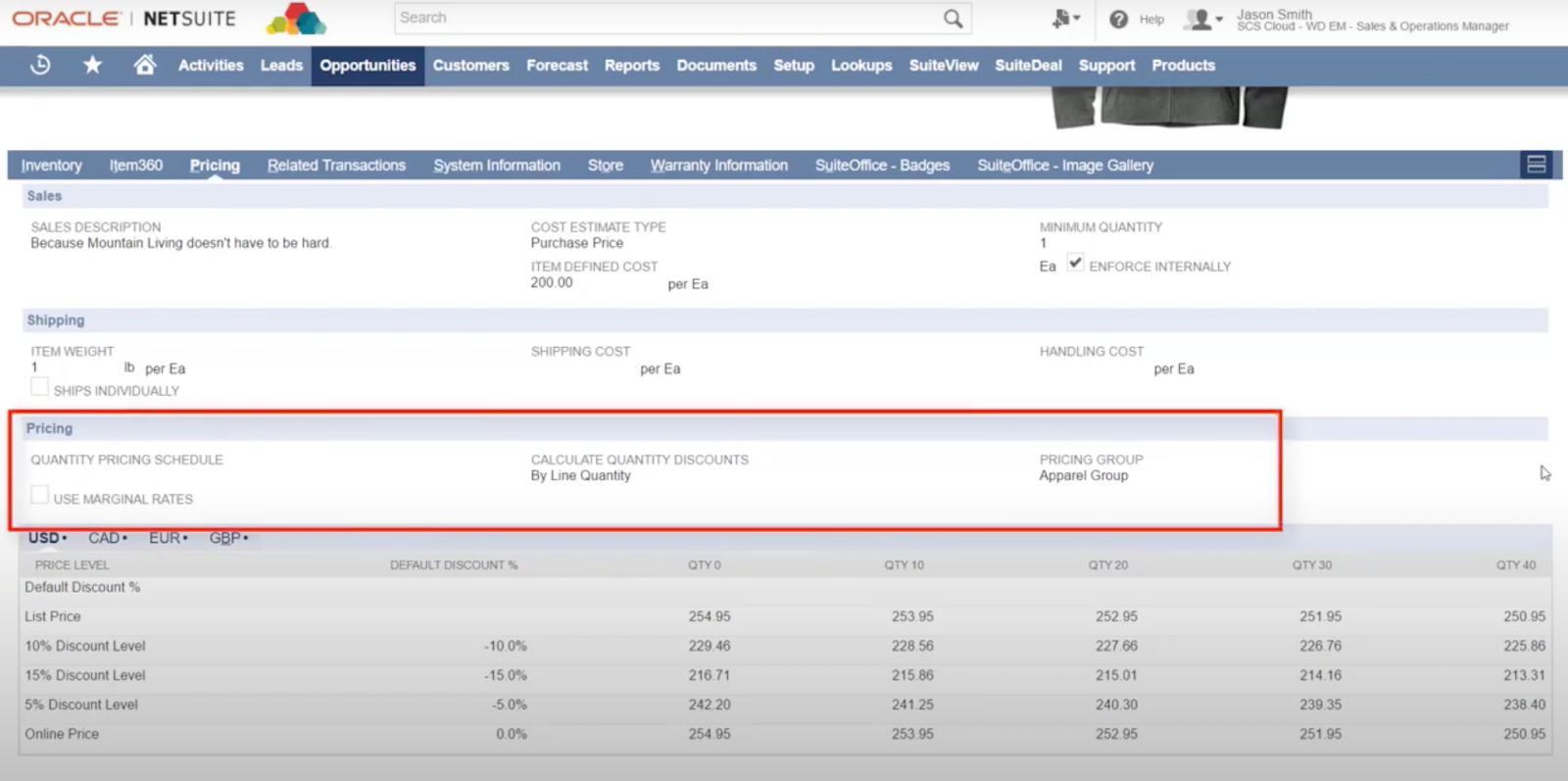 The pricing section in NetSuite's pricing subtab, showing regular and discount pricing. 