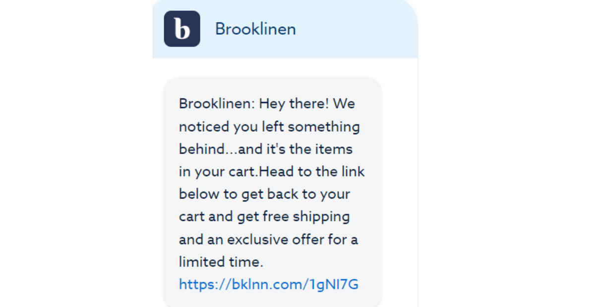 Cart abandonment text message from Brooklinen