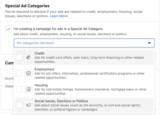 Special Ad Categories in Facebook Ads.