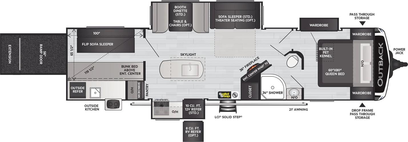 Floorplan for the Keystone Outback 335CG toy hauler