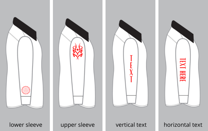 Illustrations of long sleeve t shirt design showing the side view of a long sleeve shirt with examples of design placement, including: lower sleeve, upper sleeve, vertical text and horizontal text.