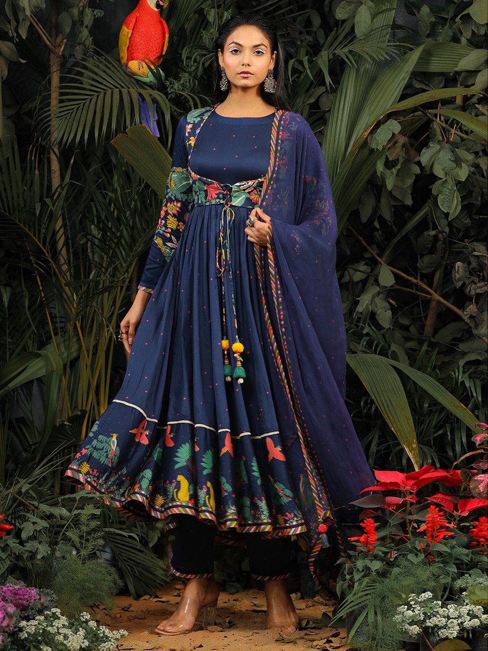 the loom - Blue Printed Modal Satin Anarkali Suit