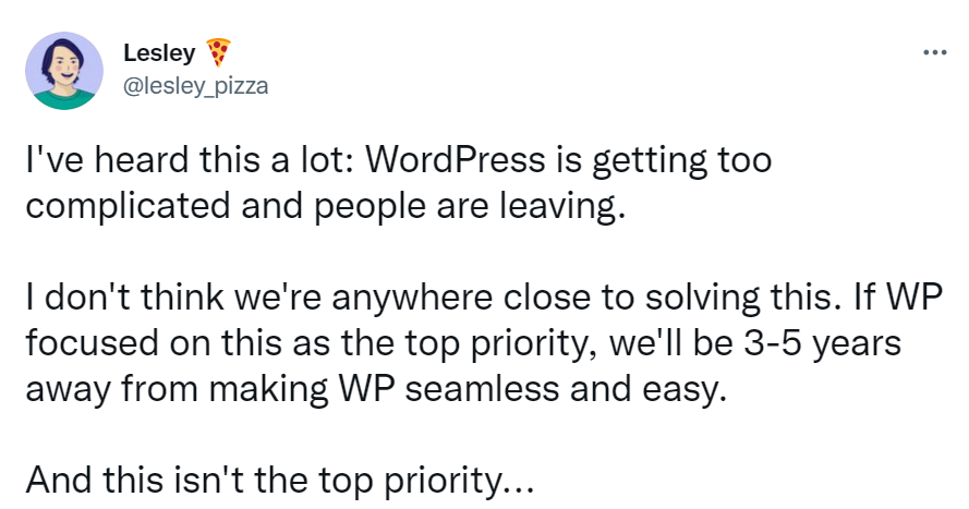 Tweet from Lesley about WordPress becoming more complicated