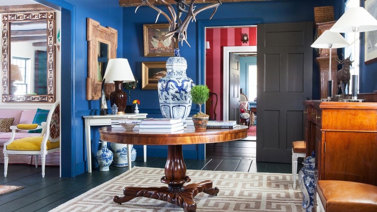 Antique furniture in a bright and colorful granny chic space