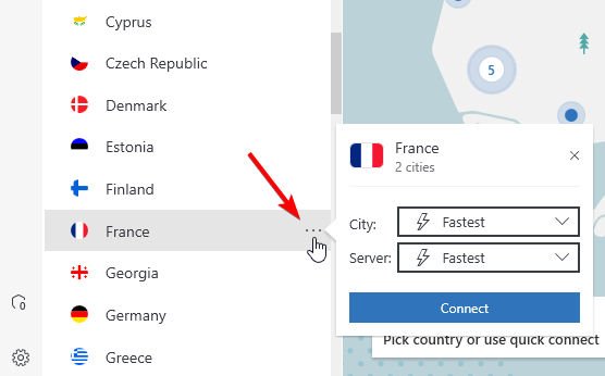 국가 이름 옆에 있는 세 개의 점은 특정 도시 및 서버를 선택할 수 있는 기능과 같은 추가 연결 옵션을 나타냅니다.