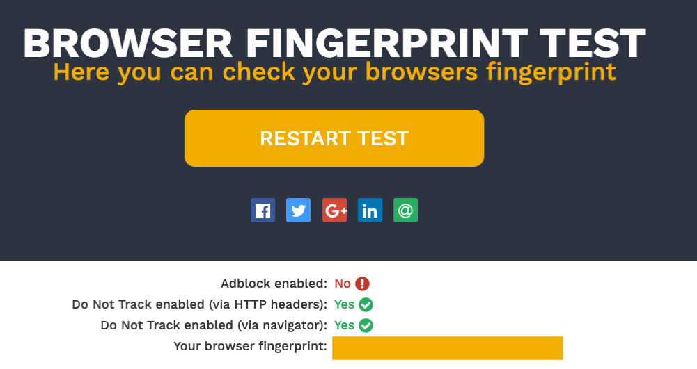 The Hidester browser fingerprint test