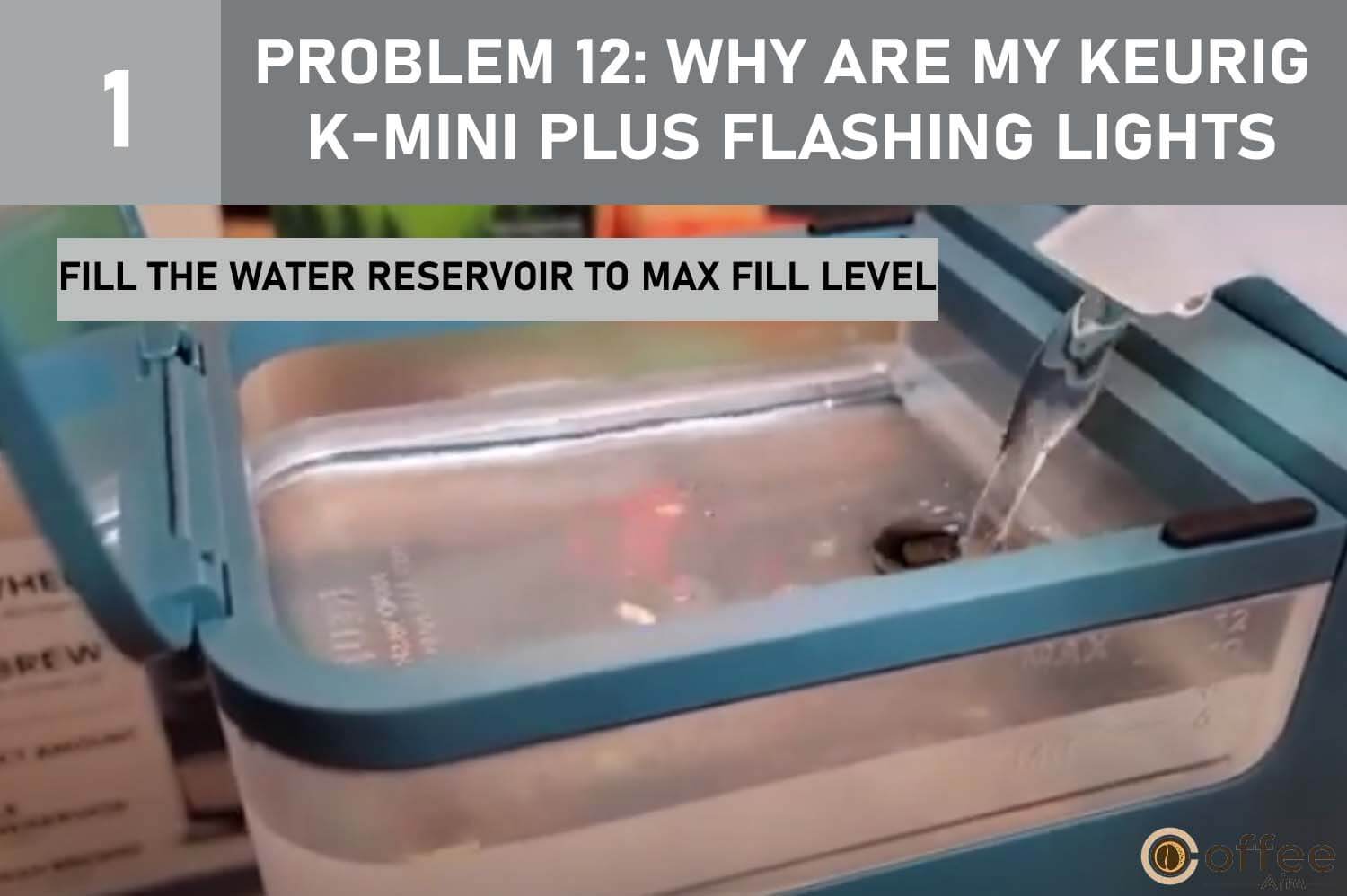 This image provides instructions on how to "Fill the Water Reservoir to Max Fill Level" as part of troubleshooting for the article "Keurig K-Mini Plus Problems: Why Are My Keurig K-Mini Plus Flashing Lights?"





